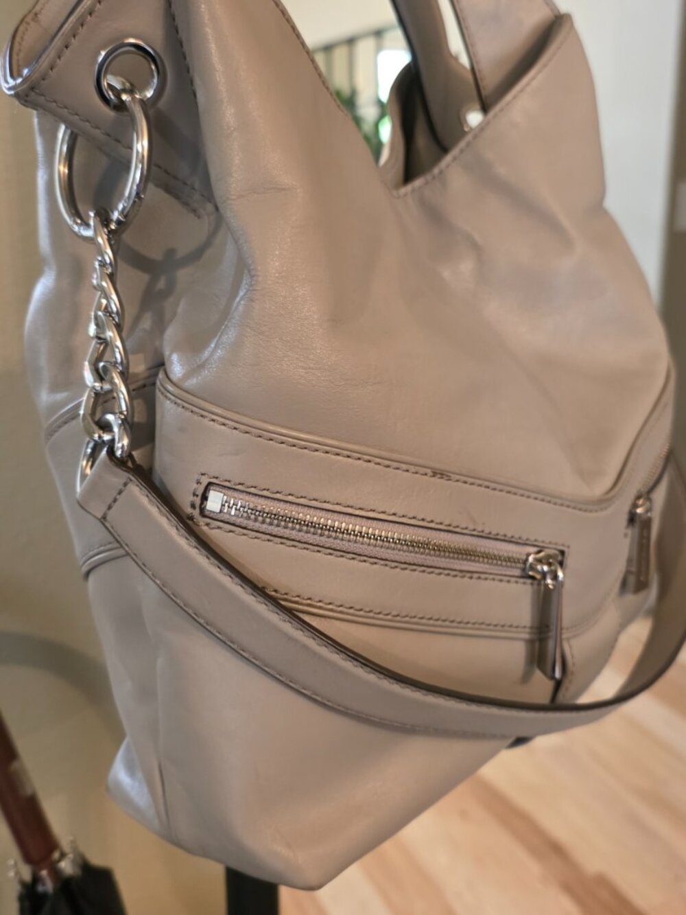 Michael Kors Leather Hobo Shoulder Bag Taupe Silver Chain + Dust Bag